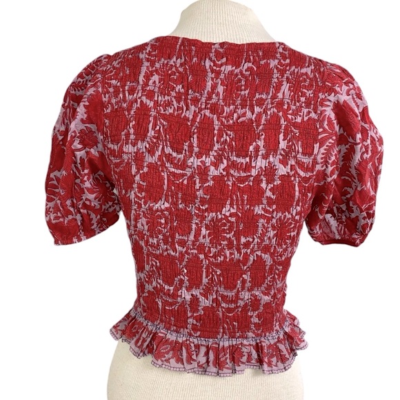 NWT- CLEOBELLA Bella Red Smocked, Puff Sleeves and Ruffle Hem Top Sz Small - Picture 11 of 16